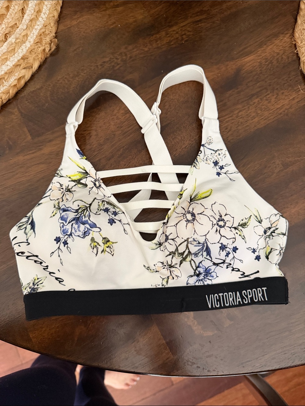 Victoria's Secret Cream Floral Strappy Sports Bra with Black Band